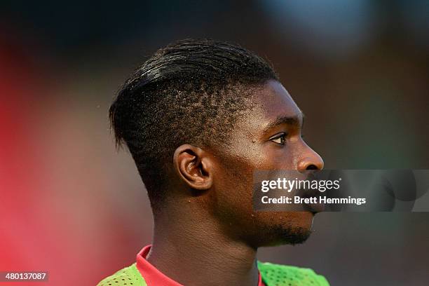 Kwabena Appiah of the Wanderers looks on during the round 24 A-League match between the Western Sydney Wanderers and Perth Glory at Parramatta...