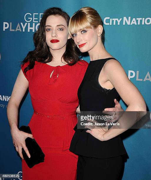 Actresses Kat Dennings and Beth Behrs attend the Backstage at the Geffen annual fundraiser at Geffen Playhouse on March 22, 2014 in Los Angeles,...