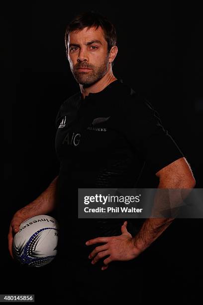 Conrad Smith of the All Blacks poses for a portrait during a New Zealand All Blacks portrait session at the George Hotel on July 10, 2015 in...