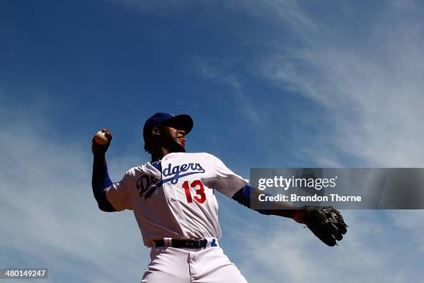 Hanley Ramirez of the Dodgers pitches during the warm up prior to the MLB match between the Los Angeles Dodgers and the Arizona Diamondbacks at...