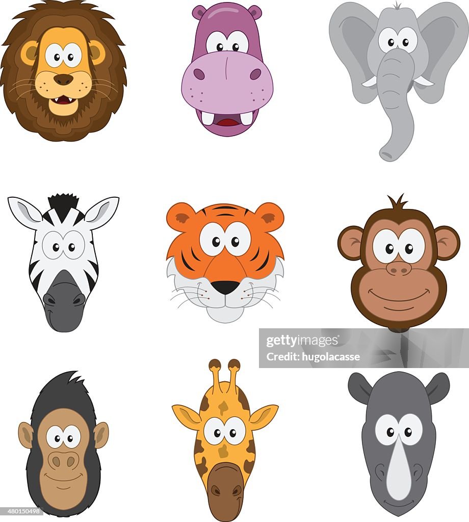 Jungle Savannah Animales De Dibujos Animados De Caras Ilustración de stock  - Getty Images