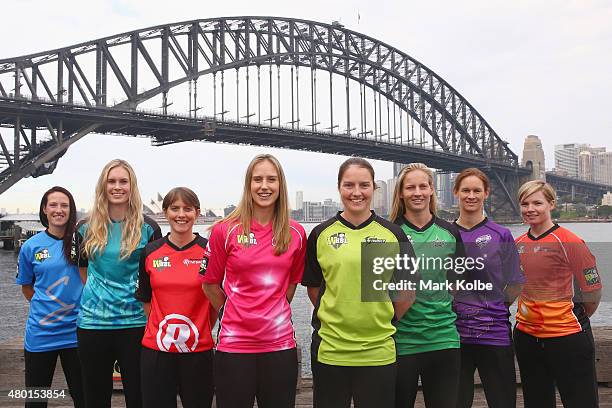 Megan Schutt of the Adelaide Strikers, Holly Ferling of the Brisbane Heat, Sarah Elliott of the Melbourne Renegades, Ellyse Perry of the Sydney...