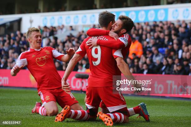 Jay Rodriguez of Southampton is congratulated by Adam Lallana of Southampton after scoring the opening goal during the Barclays Premier League match...