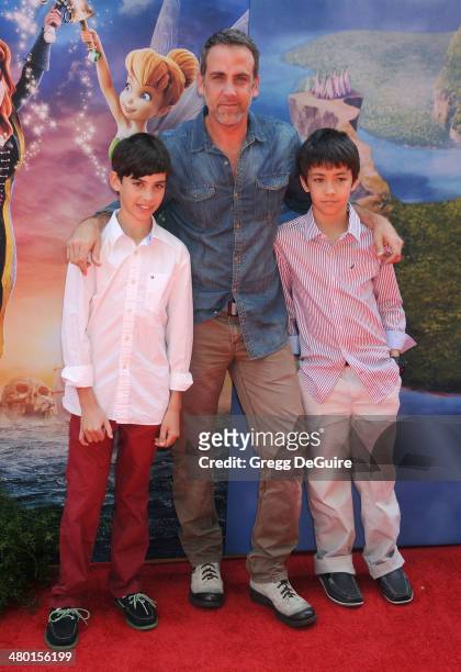 Actor Carlos Ponce and kids Giancarlo Ponce and Sebastian Ponce arrive at the Los Angeles premiere of Disney's "The Pirate Fairy" at Walt Disney...