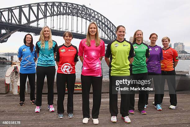 Megan Schutt of the Adelaide Strikers, Holly Ferling of the Brisbane Heat, Sarah Elliott of the Melbourne Renegades, Ellyse Perry of the Sydney...