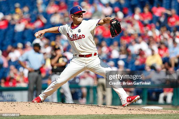 Jonathan Papelbon of the Philadelphia Phillies throws a pitch during the game against the Pittsburgh Pirates at Citizens Bank Park on May 14, 2015 in...