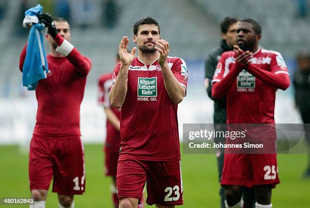 Marc Torrejon, Florian Dick and Olivier Occean of Kaiserslautern celebrate after the Second Bundesliga match between TSV 1860 Muenchen and 1. FC...