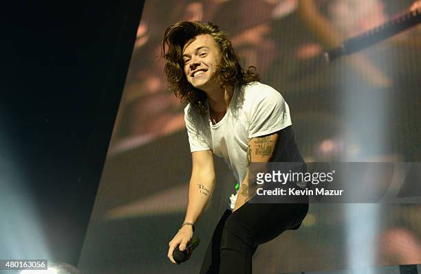 Singer Harry Styles performs onstage during One Direction's "On the Road Again" tour opener at Qualcomm Stadium on July 9, 2015 in San Diego,...