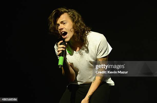 Singer Harry Styles performs onstage during One Direction's "On the Road Again" tour opener at Qualcomm Stadium on July 9, 2015 in San Diego,...