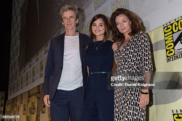 Actors Peter Capaldi, Jenna Coleman, and Michelle Gomez of Doctor Who appear on stage at Comic-Con International at San Diego Convention Center on...