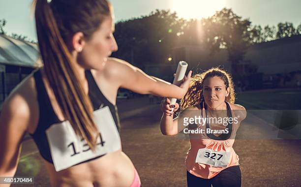 weibliche athleten austauschen baton auf einem staffellauf wechselt. - staffel stock-fotos und bilder