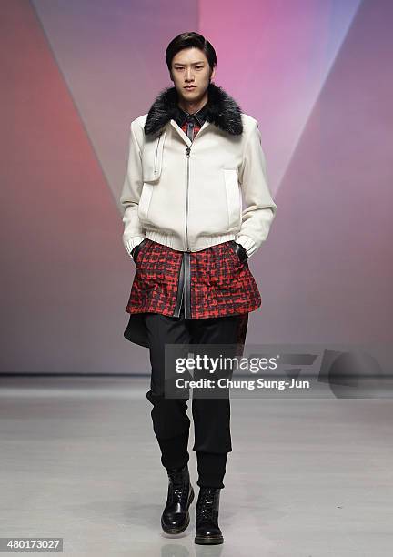 Model showcases designs on the runway during the Lie Sang Bong show as part of Seoul Fashion Week F/W 2014 on March 23 in Seoul, South Korea.