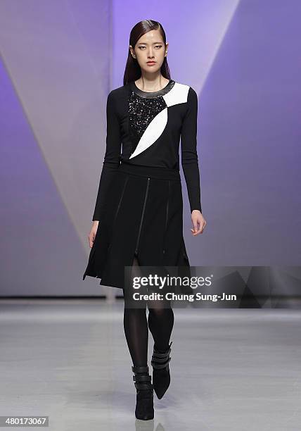 Model showcases designs on the runway during the Lie Sang Bong show as part of Seoul Fashion Week F/W 2014 on March 23 in Seoul, South Korea.