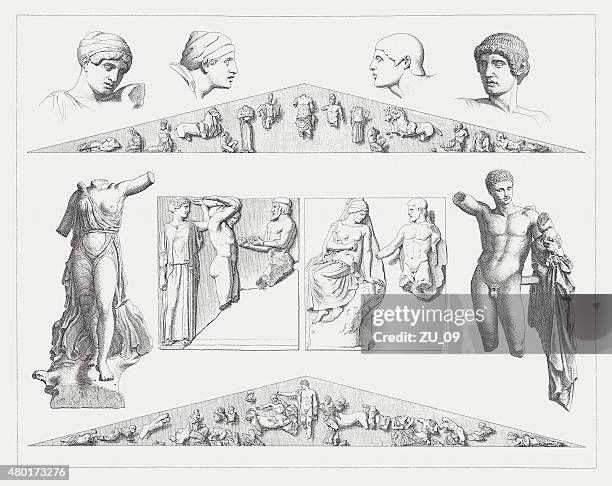 artworks from the temple of zeus at olympia, published 1880 - ancient olympia greece stock illustrations