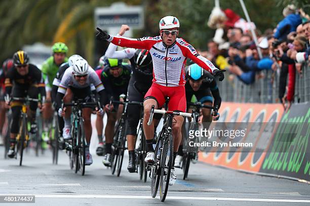 Alexander Kristoff of Norway and Team Katusha celebrates winning the 294 km 2014 edition of Milan - San Remo on March 23, 2014 in Milan, Italy.