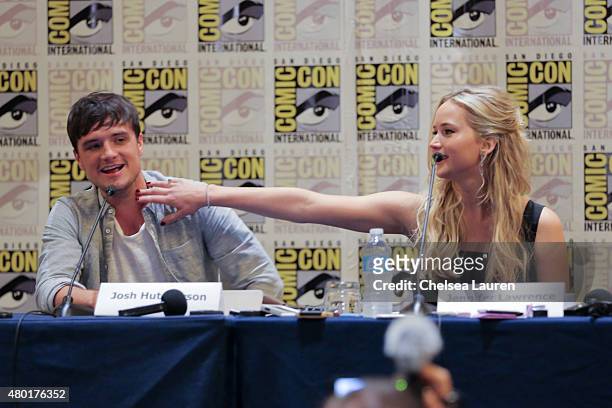Actors Josh Hutcherson and Jennifer Lawrence attend Comic-Con International on July 9, 2015 in San Diego, California.