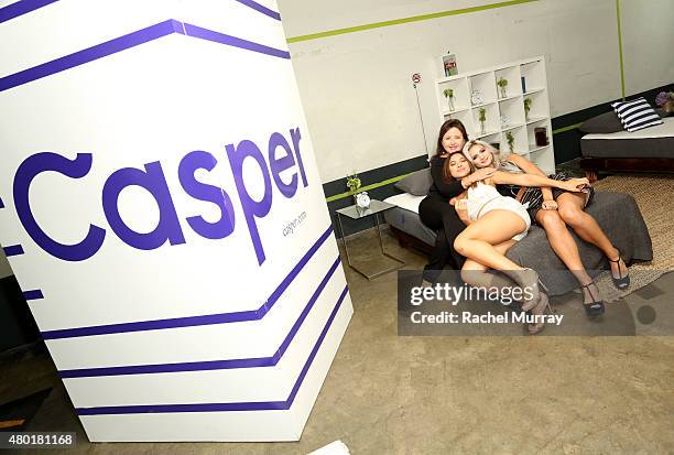 Robyn Johnson, actress Julia Kelly, and actress Carrington Durham check out the Casper mattresses during Casper's LA celebration at Blind Dragon on...