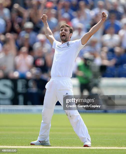 Mark Wood of England celebrates dismissing Nathan Lyon of Australia during day three of the 1st Investec Ashes Test match between England and...