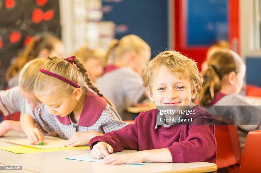 Happy School Boy Smiling in the Classroom