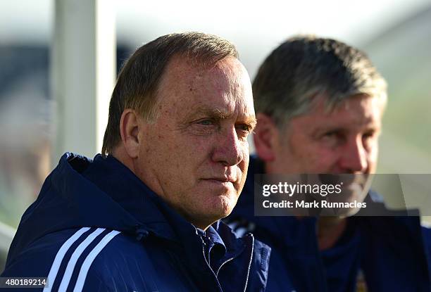 Sunderland Manager Dick Advocaat watches on during a pre season friendly between Darlington and Sunderland at Heritage Park on July 9, 2015 in Bishop...