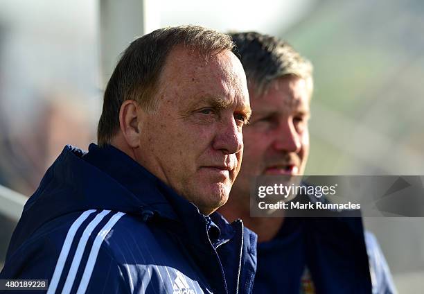 Sunderland Manager Dick Advocaat watches on during a pre season friendly between Darlington and Sunderland at Heritage Park on July 9, 2015 in Bishop...