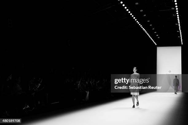 Model walks the runway during the Shai Shalom during Mercedes-Benz Fashion Week Berlin Spring/Summer 2016 at Brandenburg Gate on July 10, 2015 in...