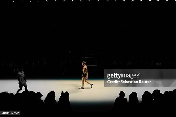 Model walks the runway during the Shai Shalom during Mercedes-Benz Fashion Week Berlin Spring/Summer 2016 at Brandenburg Gate on July 10, 2015 in...
