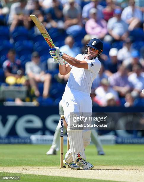 England batsman Alastair Cook pulls a ball to the boundary during day three of the 1st Investec Ashes Test match between England and Australia at...