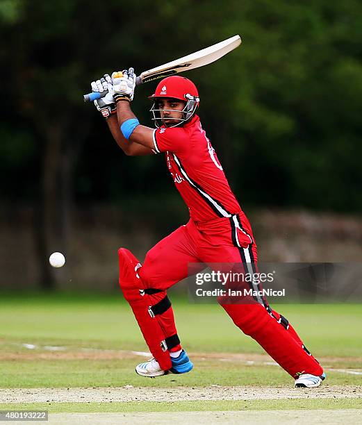 Hamza Tariq of Canada in action during the ICC World Twenty20 India Qualifier between Canada and Kenya at Myreside Cricket Club, on July 10, 2015 in...