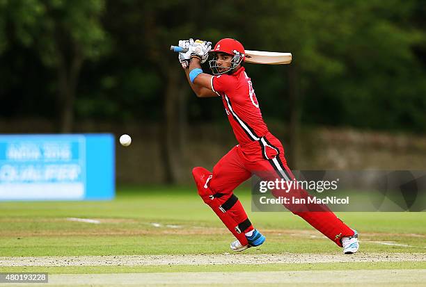 Hamza Tariq of Canada in action during the ICC World Twenty20 India Qualifier between Canada and Kenya at Myreside Cricket Club, on July 10, 2015 in...