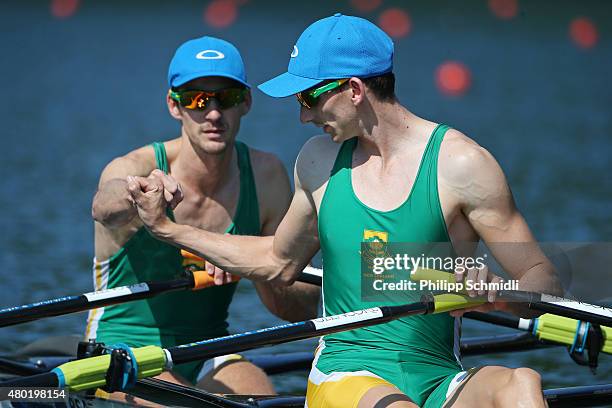 James Thompson and John Smith of Republic of South Africa compete in the Lightweight Men's Double Sculls heats during Day 1 of the 2015 World Rowing...