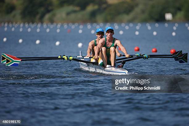 James Thompson and John Smith of Republic of South Africa compete in the Lightweight Men's Double Sculls heats during Day 1 of the 2015 World Rowing...