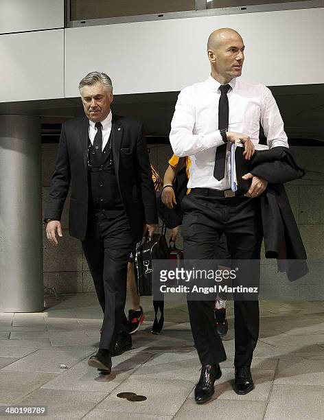 Head coach Carlo Ancelotti and his assistant Zinedine Zidane of Real Madrid arrive to the stadium before the La Liga match between Real Madrid and FC...