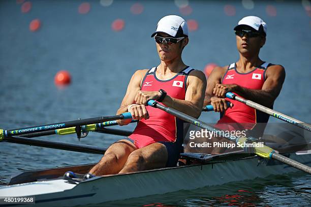 Yuta Hamada and Takahiro Suda of Japan compete in the Lightweight Men's Double Sculls heats during Day 1 of the 2015 World Rowing Cup III on Lucerne...