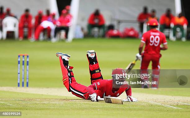 Ruvindu Gunaskekera of Canada in action during the ICC World Twenty20 India Qualifier between Canada and Kenya at Myreside Cricket Club, on July 10,...