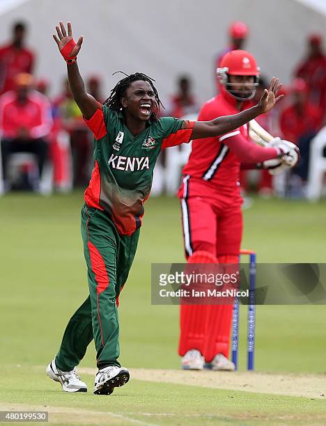 Shem Ngoche of Kenya reacts during the ICC World Twenty20 India Qualifier between Canada and Kenya at Myreside Cricket Club, on July 10, 2015 in...