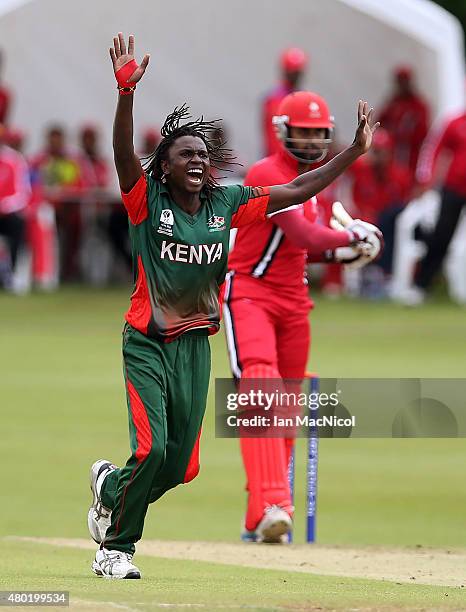 Shem Ngoche of Kenya reacts during the ICC World Twenty20 India Qualifier between Canada and Kenya at Myreside Cricket Club, on July 10, 2015 in...