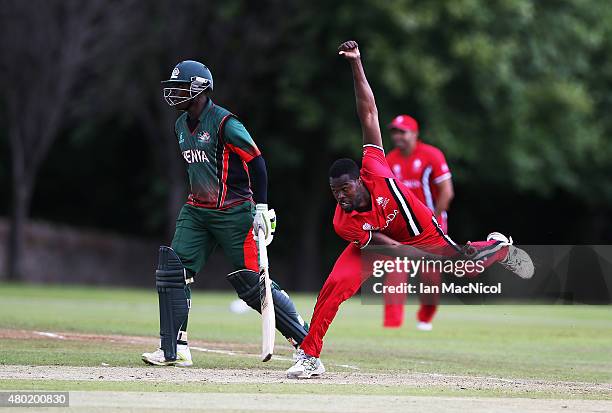 Jeremy Gordon of Canada in action during the ICC World Twenty20 India Qualifier between Canada and Kenya at Myreside Cricket Club, on July 10, 2015...