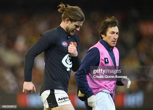 Bryce Gibbs of the Blues comes from the ground with an injury during the round 15 AFL match between the Richmond Tigers and the Carlton Blues at...