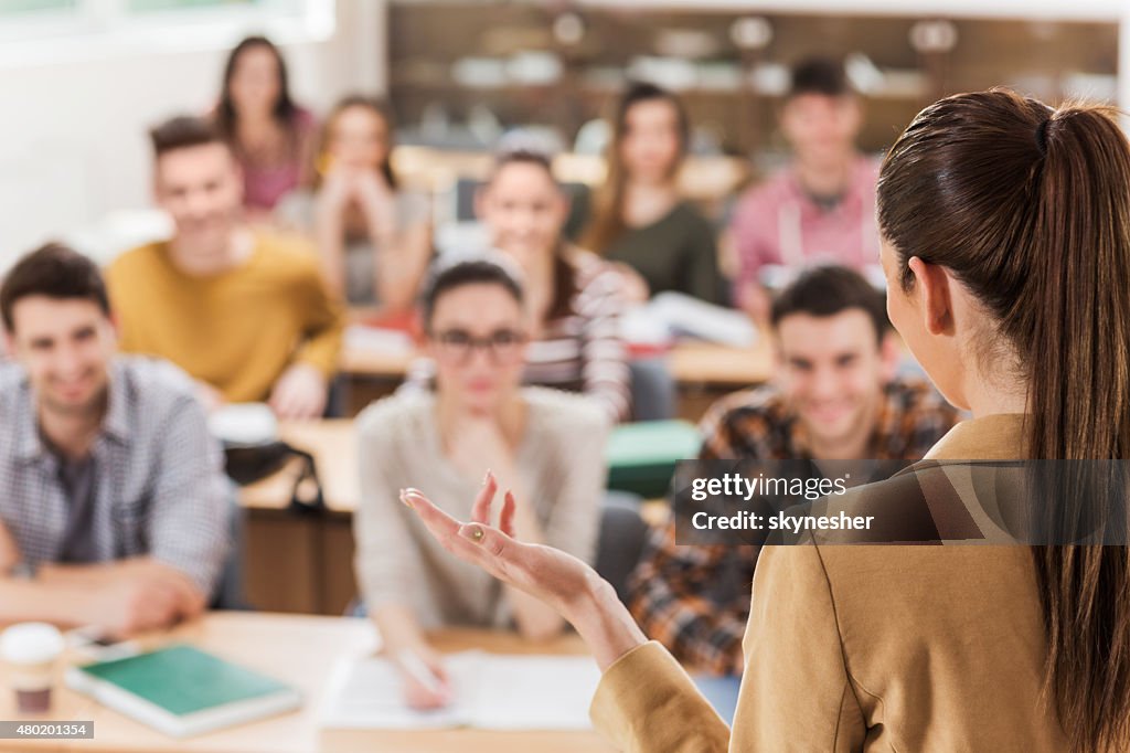 Rear view of teacher giving a lecture.