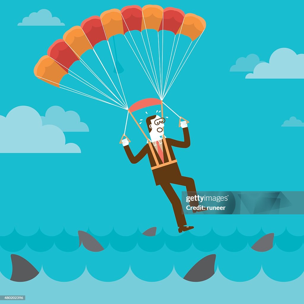 Parachuting Businessman On Shark Infested Water | New Business Concept