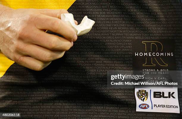 Detail of the Tigers 'Homecoming' guernsey during the 2015 AFL round 15 match between the Richmond Tigers and the Carlton Blues at the Melbourne...