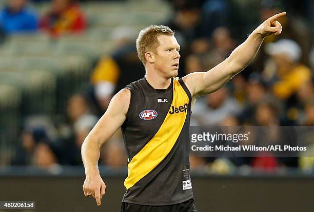 Jack Riewoldt of the Tigers celebrates during the 2015 AFL round 15 match between the Richmond Tigers and the Carlton Blues at the Melbourne Cricket...