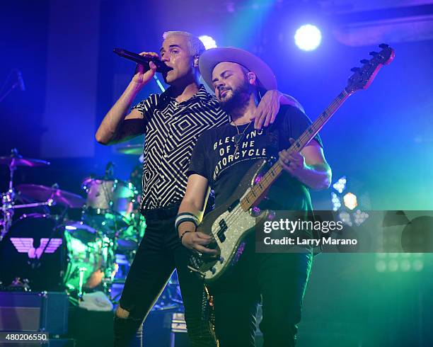 Tyler Glenn and Branden Campbell of Neon Trees perform at Revolution on July 9, 2015 in Fort Lauderdale, Florida.