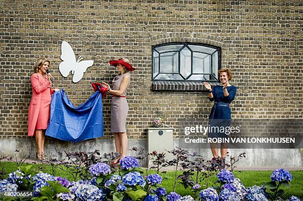 Dutch Queen Maxima and former Olympic cycling champion Dutch Leontien van Moorsel attend the official opening of the Leontienhuis in Zevenhuizen on...