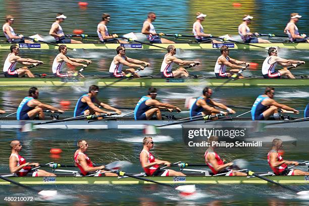 Teams of Great Britain, France, Italy and Poland compete in the Men's Eight heats during Day 1 of the 2015 World Rowing Cup III on Lucerne Rotsee on...