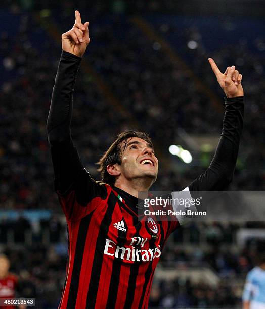 Ricardo Kaka of AC Milan celebrates after scoring the opening goal during the Serie A match between SS Lazio and AC Milan at Stadio Olimpico on March...