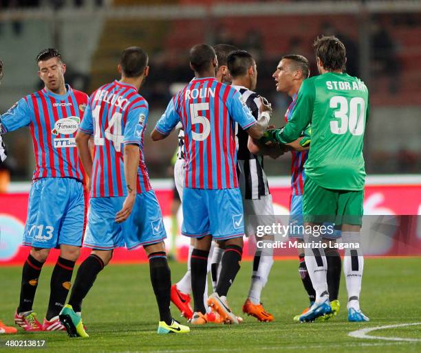 Players of Catania and of Juventus during the Serie A match between Calcio Catania and Juventus at Stadio Angelo Massimino on March 23, 2014 in...