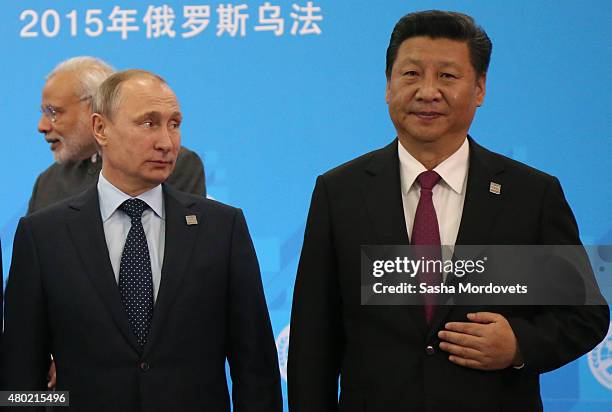 Indian Prime Minister Morendra Modi, Russian President Vladimir Putin and Chinese President Xi Jinping seen during the Shanghai Cooperation...