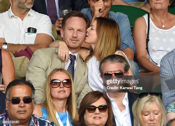 Christian Horner and Geri Halliwell attend day eleven of the Wimbledon Tennis Championships at Wimbledon on July 10, 2015 in London, England.